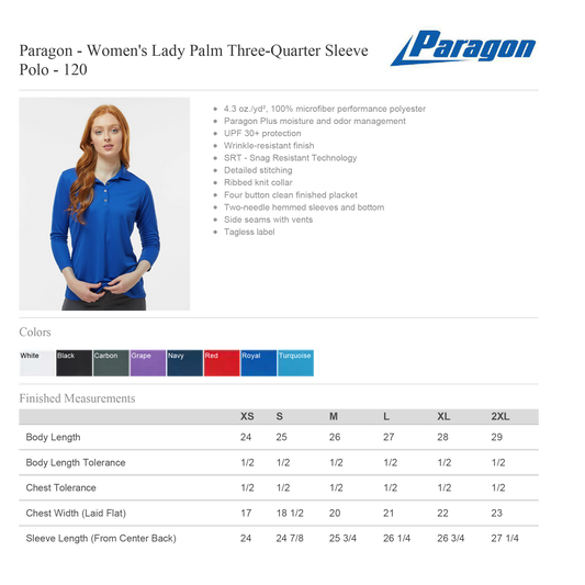 Polo Bordada - Logo Escolar - PARAGON SM0120 LADIES 3/4 SLEEVE POLO