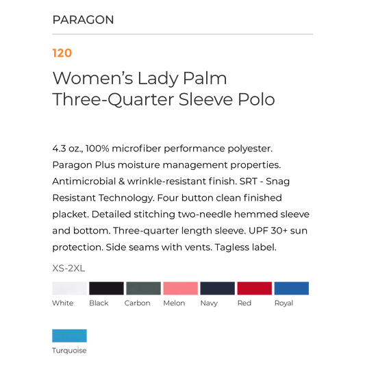 PARAGON SM0120 LADIES 3/4 SLEEVE POLO WITH EMBROIDERED LOGO - school