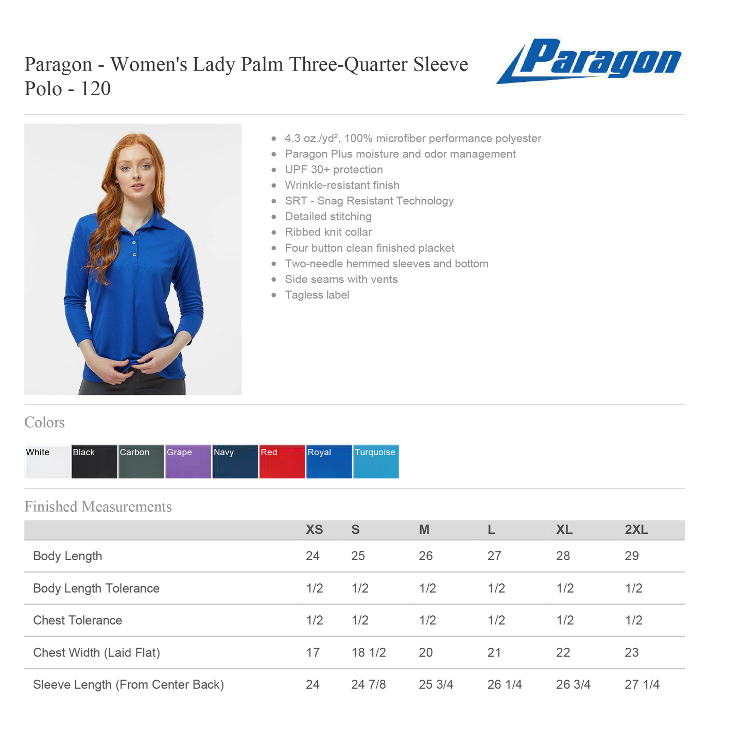 Polo Bordada - Logo Escolar - PARAGON SM0120 LADIES 3/4 SLEEVE POLO