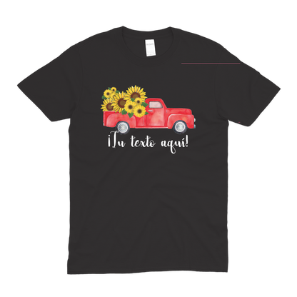 Red truck sunflowers