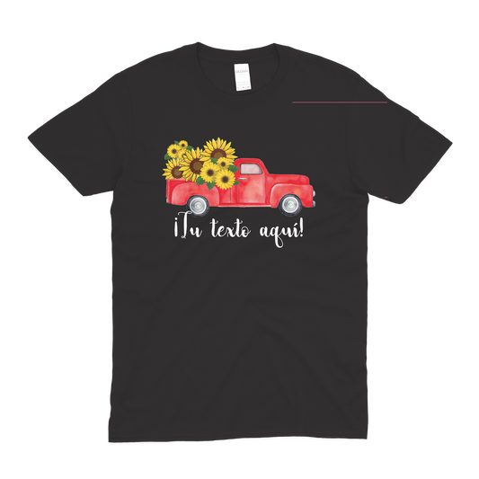 Red truck sunflowers